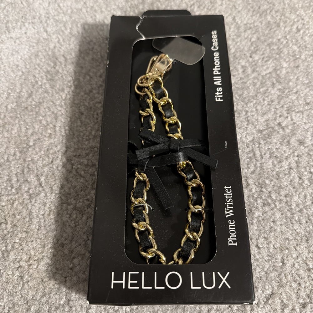 Hello Lux Phone Wristlet Golden Chain Black Faux Leather Bows Universal Strap